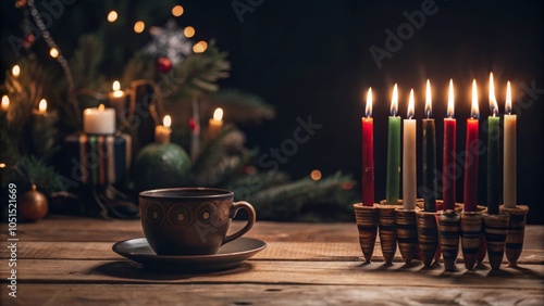 Kwanzaa celebration scene with kinara and festive candlelight photo