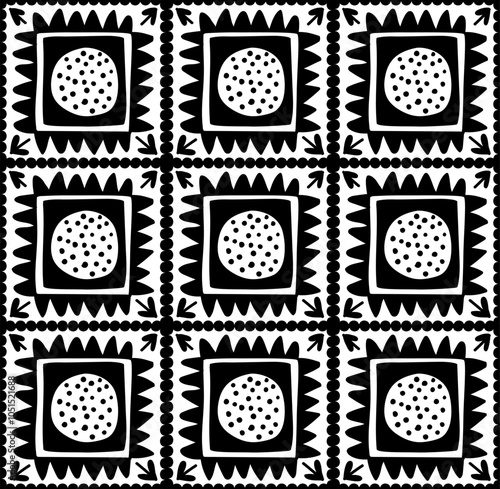 boho hand drawn black and white square shapes checkers seamless pattern