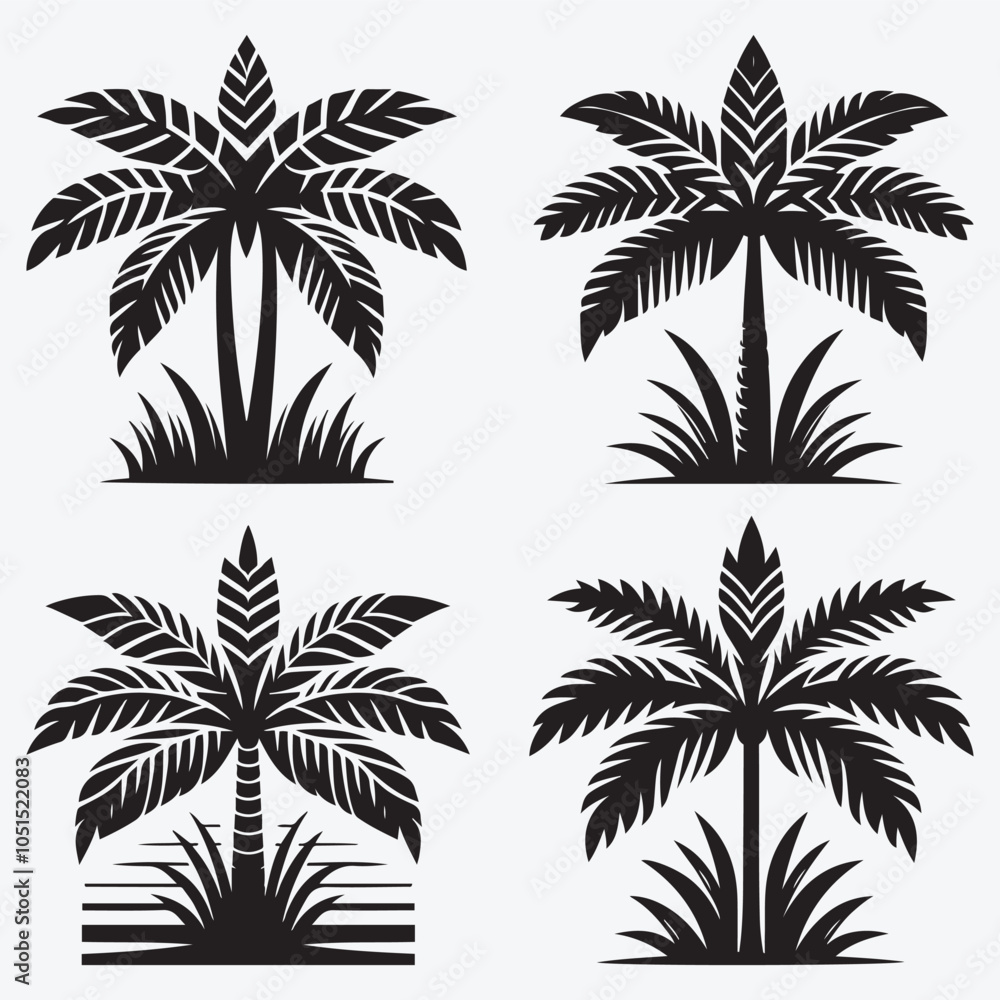Fototapeta premium Tropical tree silhouette set vector illustration isolated on white background