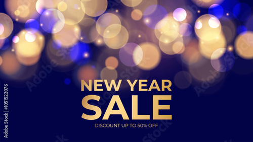 New Year Sale. Festive commercial banner for holiday shopping promotion and sale advertising. Bright blurred bokeh lights. Vector illustration.