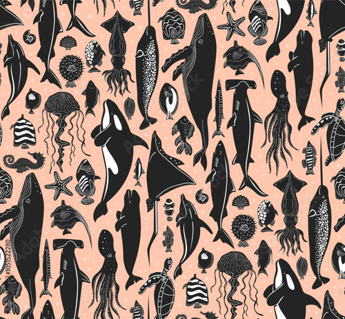 deep sea ocean mammals creatures and fish swimming in one vertical direction marine life nautical seamless pattern, vector illustration repeat design in pastel soft peach fuzz black and white