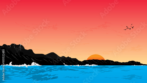 a serene sunset scene with a large, orange sun setting over a calm ocean. Dark silhouettes of mountains and a flock of birds
