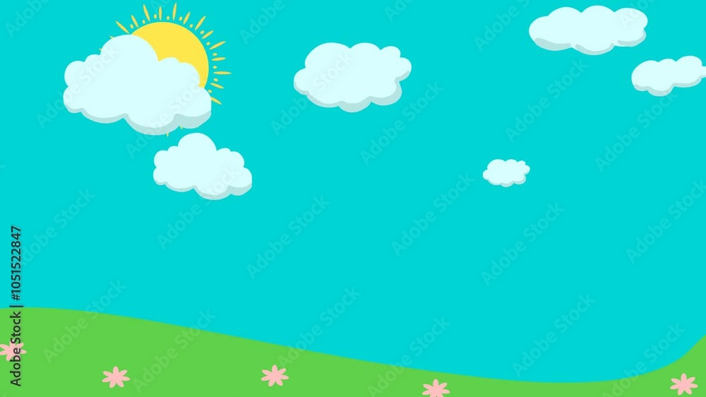 Rainbow cartoon animation on cloudy sky and meadow flowers with copy space for kids Rainbow cartoon animation on cloudy sky and meadow flowers with copy space for kids