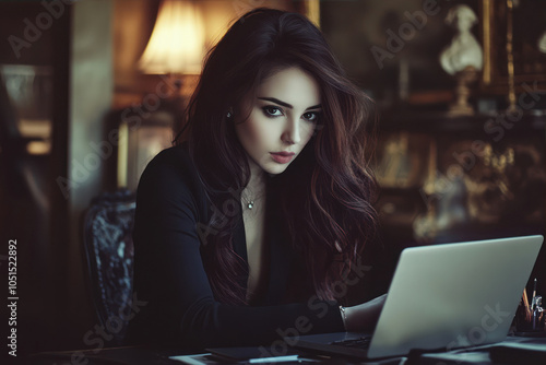 Young Businesswoman Focused on Her Laptop in a Stylish Office Environment