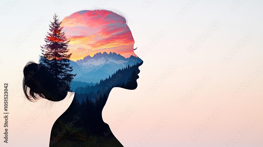 Silhouette of a woman merged with vibrant nature landscape, serene atmosphere. Silhouette of a woman merged with vibrant nature landscape, serene atmosphere.
