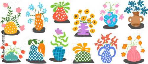 funky groovy modern art abstract flower plant pots vases illustration set
