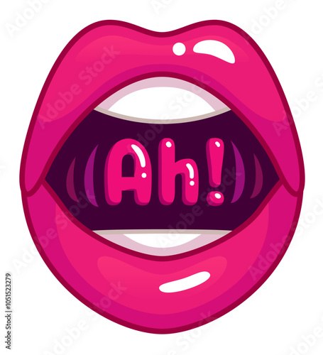 Glossy pink lips of a woman are widely open, saying ah. with visible sound vibrations.