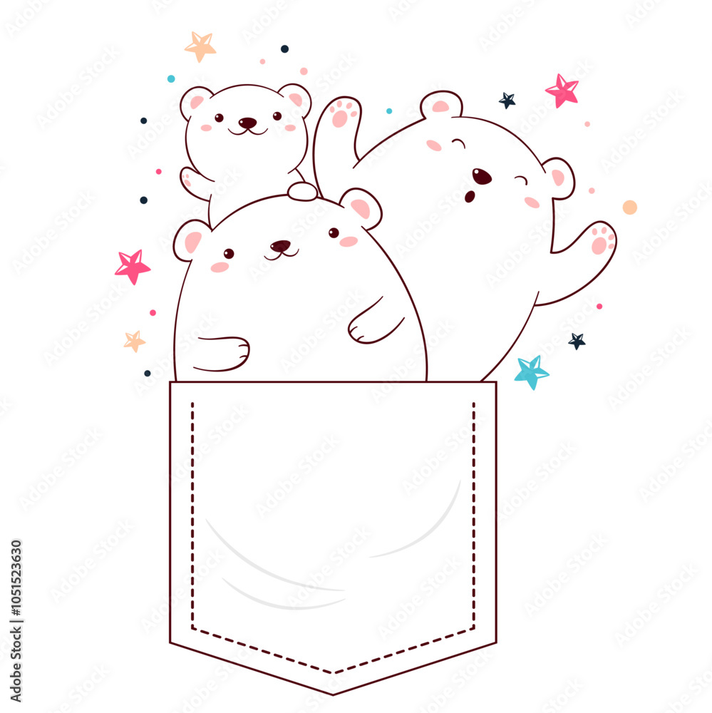 Obraz premium Little polar bears in pocket. Baby print with cute animal in pocket. Childish print with three funny polar bears friends. Can be used for t-shirt, sticker, greeting card design. Vector EPS8