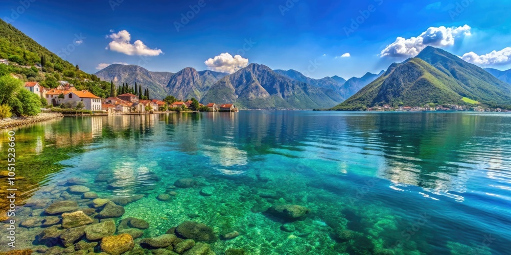 Fototapeta premium Scenic coastal view of Montenegro's crystal-clear waters and beautiful mountains , Montenegro, Balkans, Adriatic Sea