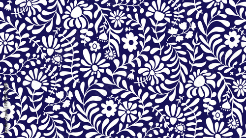 flowing trailing climbing paper cut out style abstract blooms flowers and foliage seamless pattern in navy blue and white