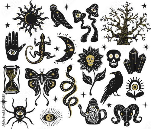 gothic witchy spooky halloween stuff items set,  hand drawn vector illustration in black white and gold graphic
