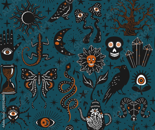 gothic witchy spooky halloween stuff seamless pattern, hand drawn vector illustration in dark viridian black orange colors