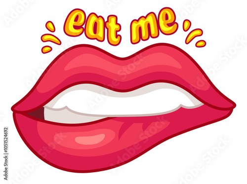 Cartoon drawing of red lips slightly open, biting the lower lip and whispering eat me in a seductive way.