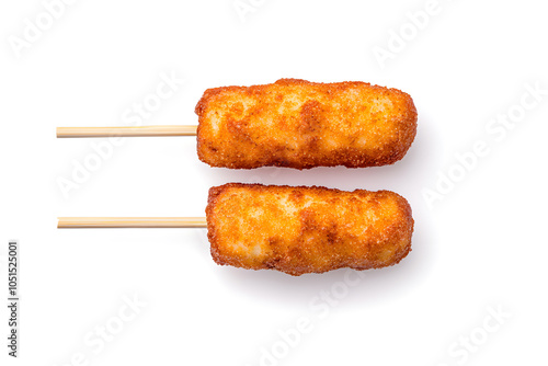 Corndog on a stick isolated on white background photo