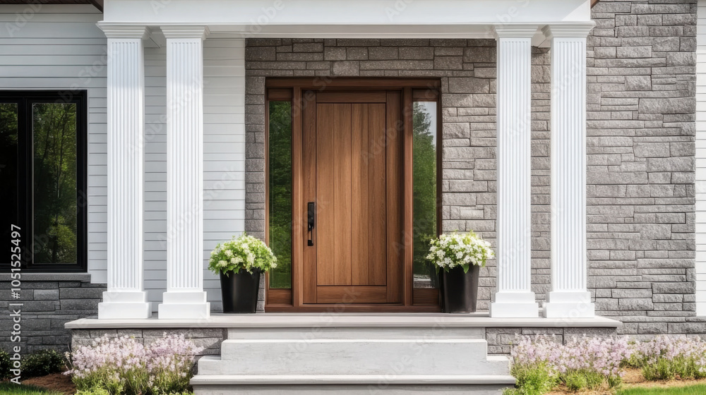 A wooden front door, surrounded by windows, with white, blue, and stone siding A wooden front door, surrounded by windows, with white, blue, and stone siding