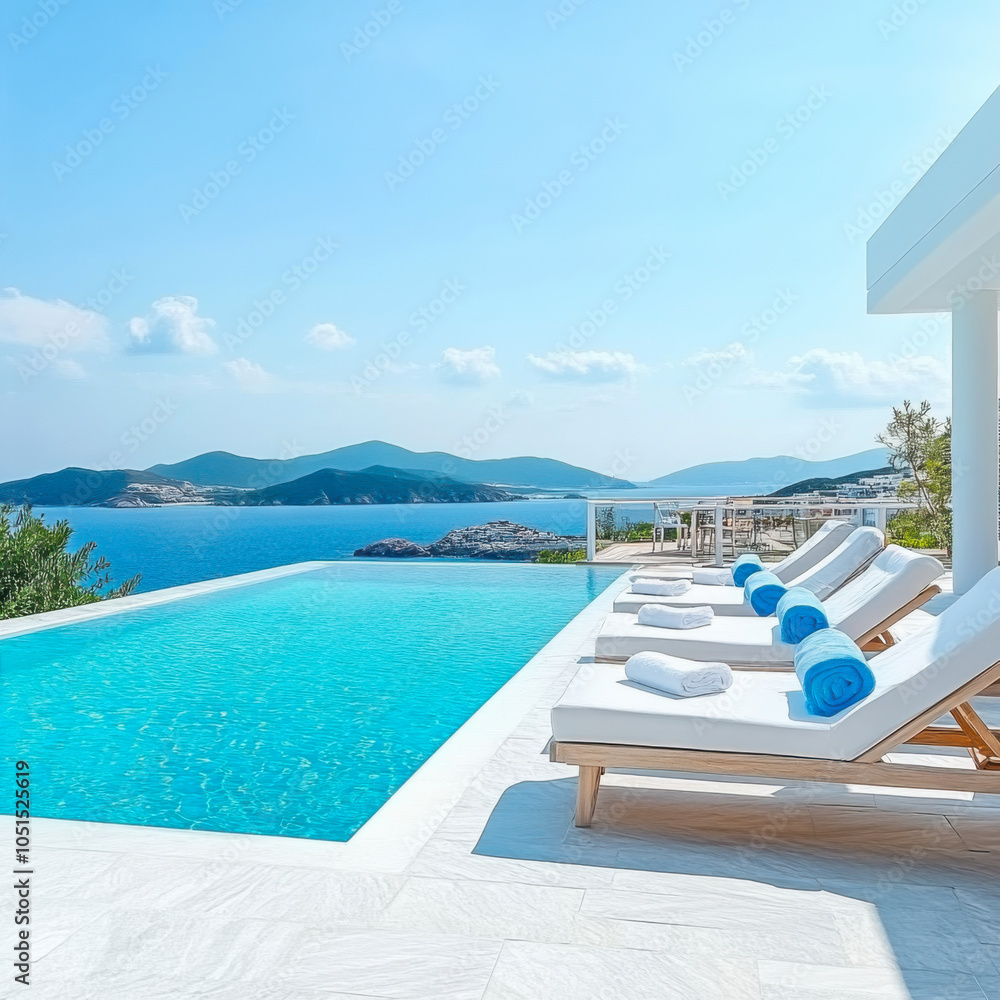 Fototapeta premium Terrace in villa with swimming pool clear blue water with stunning sea view and sky