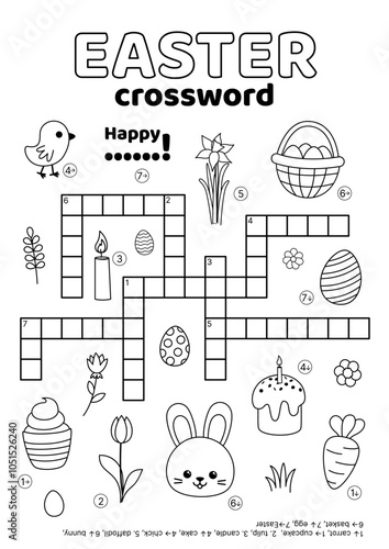 Crossword with black and white Easter elements. English words. Educational puzzle game for kids. Vector