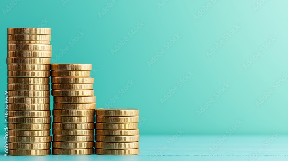 Growing Stacks of Coins on a Turquoise Background Growing Stacks of Coins on a Turquoise Background