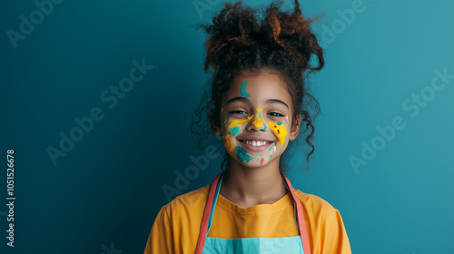 A young artist with paint on their face, wearing an apron and smiling shyly against a solid navy blue background. v3 photo