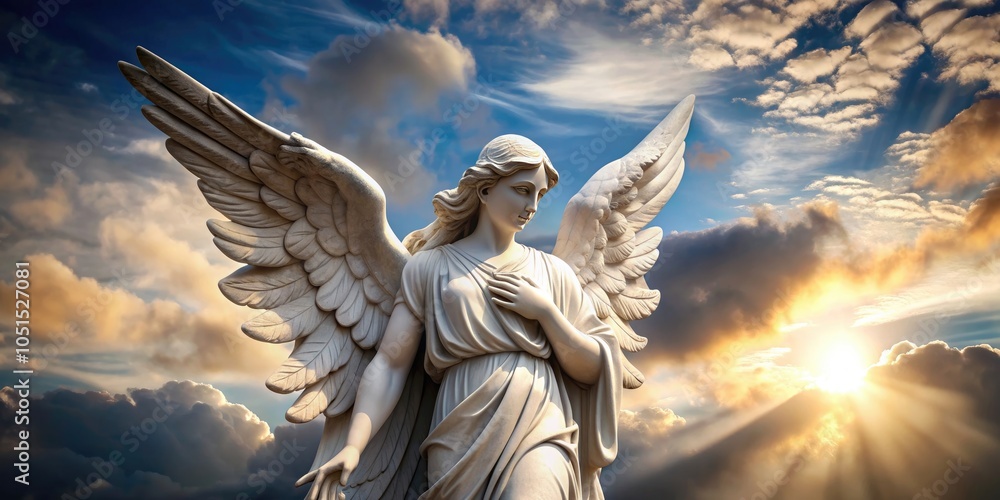 Fototapeta premium Marble statue of an angel with wings outspread wide and peaceful expression on its face , angel, wings, statue