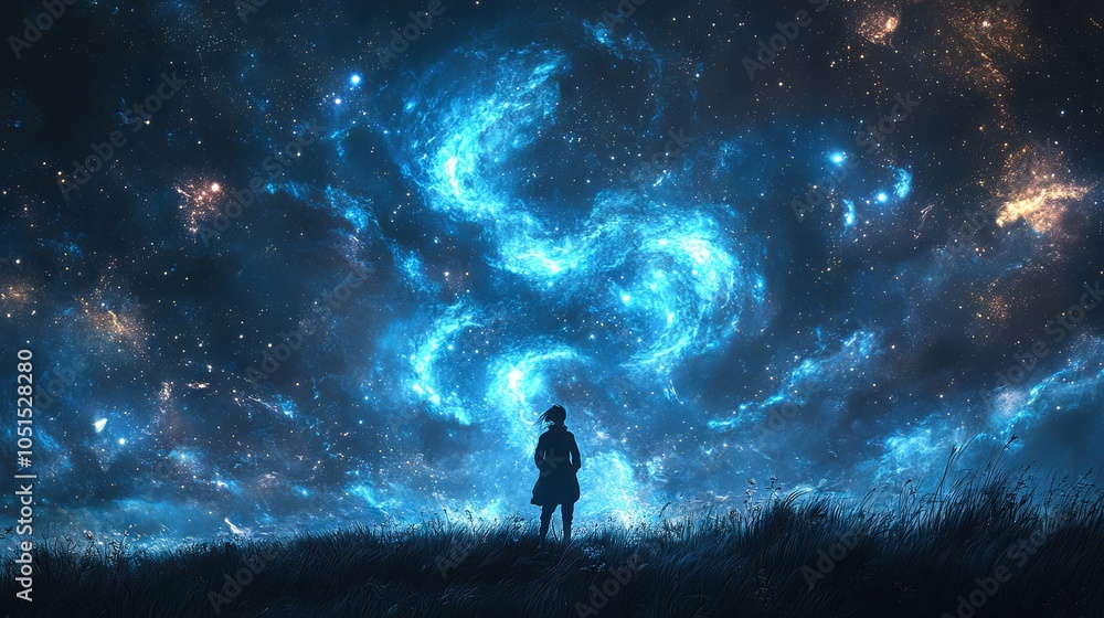 Fototapeta premium An expansive nightscape with swirling, radiant mist under a sky filled with stars and eldritch symbols. A shadowy, phantasmic figure drifts through the landscape, creating an aura of mystery and deep 