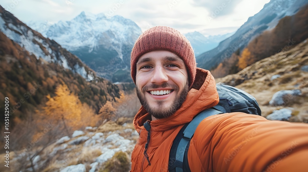 Happy smiling man takes a selfie at vacation on a mountain. Happy smiling man takes a selfie at vacation on a mountain.