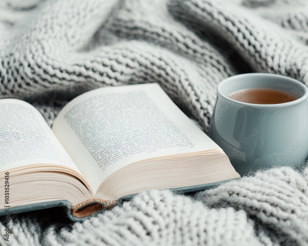 Cozy scene with an open book, warm tea, and a knitted blanket, perfect for relaxation and comfort. Cozy scene with an open book, warm tea, and a knitted blanket, perfect for relaxation and comfort.
