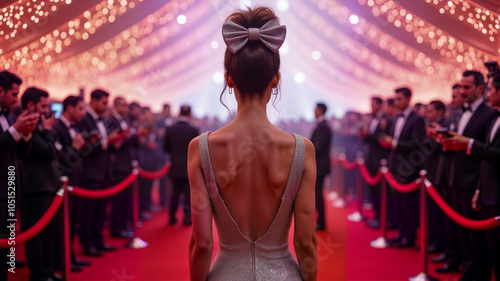 A glamorous woman in a sparkling dress stands at a red carpet event, surrounded by admirers and photographers. Perfect for fashion, events, and luxury lifestyle content photo