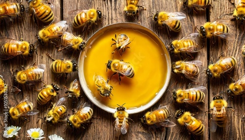 Close-up of wooden bowl filled with tasty sweet honey on round plate near beehive frame with honeycombs on table. Honey flowing from wooden spoon dipper. Beekeeping, apiculture, bee farming, dessert. photo