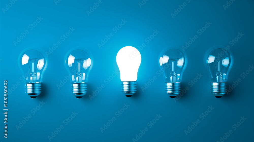 A row of lightbulbs with one turned on, concept image of lightbulb moment of good idea A row of lightbulbs with one turned on, concept image of lightbulb moment of good idea