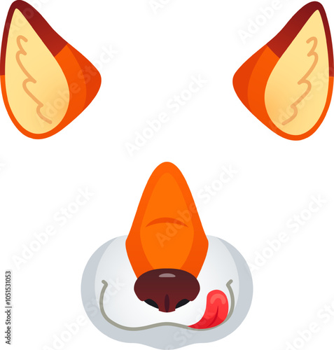 Cartoon fox face mask with orange ears, white snout, black nose and pink tongue sticking out, isolated on white background