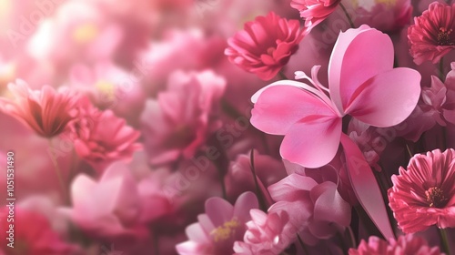 A pink butterfly with delicate wings sits among a field of pink flowers, bathed in soft sunlight.