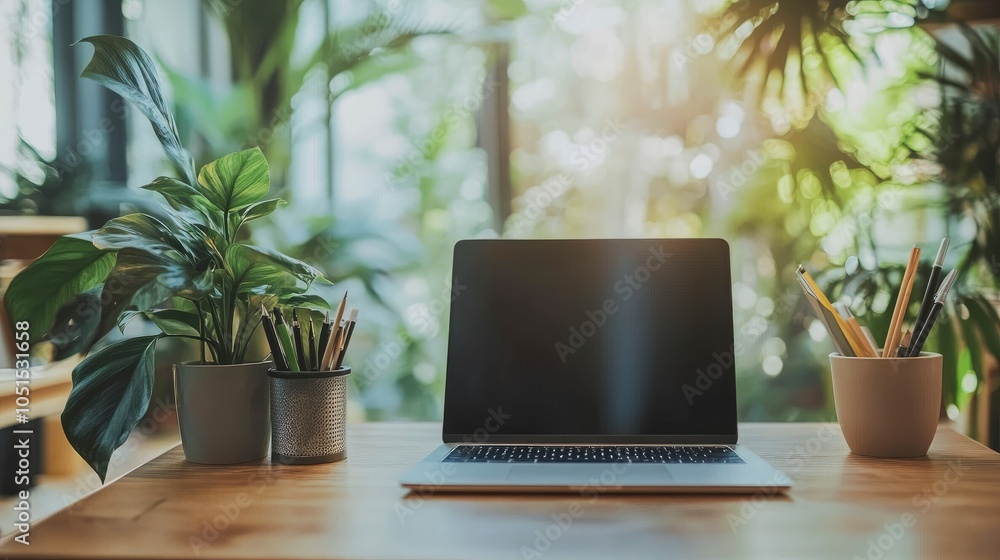 Laptop on wooden desk with green plants and pencils in a cup, blurry background. Laptop on wooden desk with green plants and pencils in a cup, blurry background.
