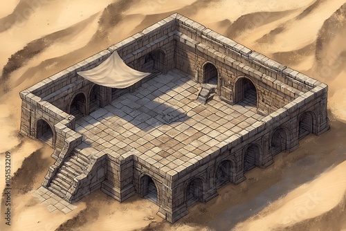 A stone building with arched doorways, a tiled floor, a staircase, and a canopy in a desert setting. photo