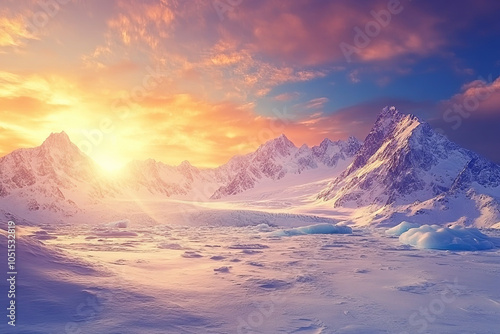 Breathtaking icy terrain with dramatic glaciers under vibrant sunset, showcasing beauty of natures untouched landscapes. scene evokes sense of tranquility and awe