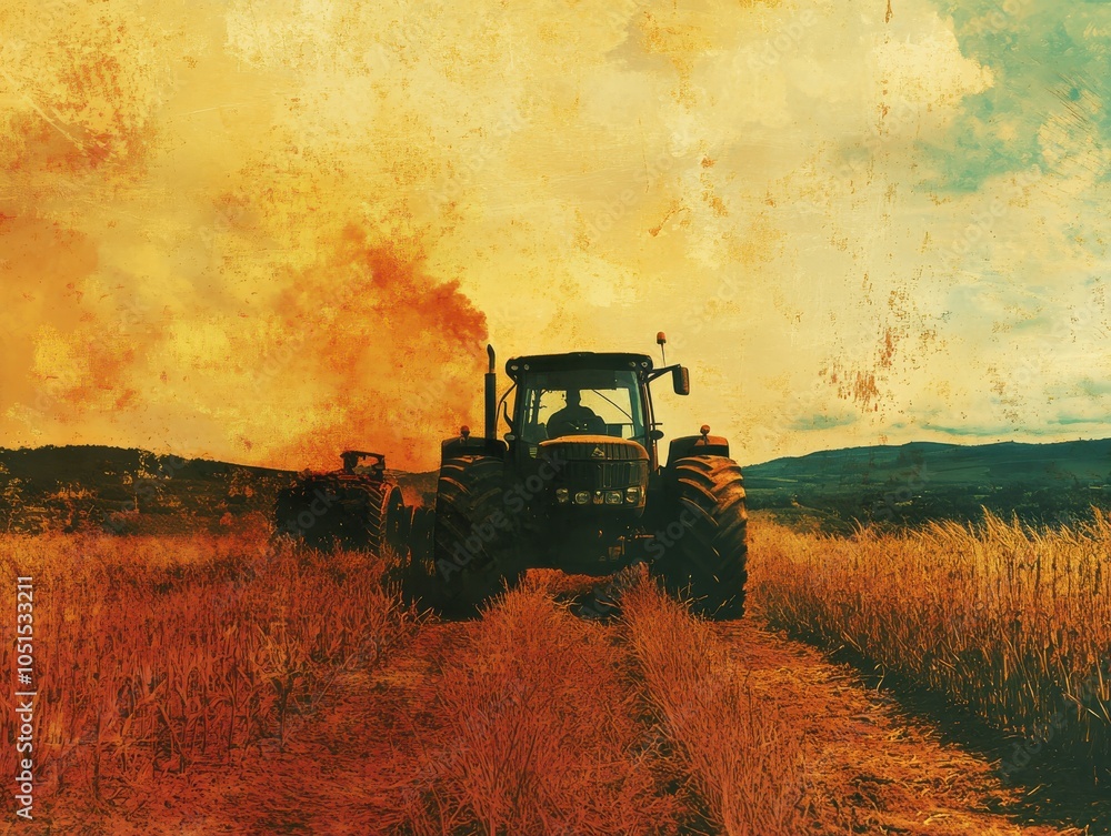 Fototapeta premium Farmers driving tractors through farmland, focus on machinery, rural background, bold colors, double exposure silhouette with wheels and crops