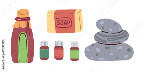 Cosmetic products for spa, sauna and bath . Flyer with a set of hygiene and spa products. Cosmetic salt, natural soap, bottle with gel, oil. For beauty salons and spas, postcards, brochures and covers