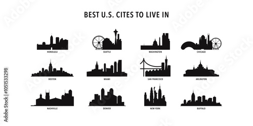 Best USA cities to live - logo, icon collection with skylines of Honolulu, Seattle, Washington, Chicago, Boston, Miami, San Francisco, Arlington, Nashville, Denver, New York, Buffalo