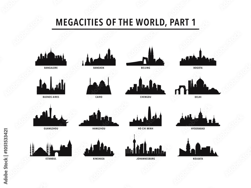 Obraz premium Collection of megacities logos, icons with skylines of Bangalore, Bangkok, Beijing, Bogota, Buenos Aires, Cairo, Chengdu, Delhi, Guangzhou, Hangzhou, Ho Chi Minh, Hyderabad, Istanbul, Johannesburg