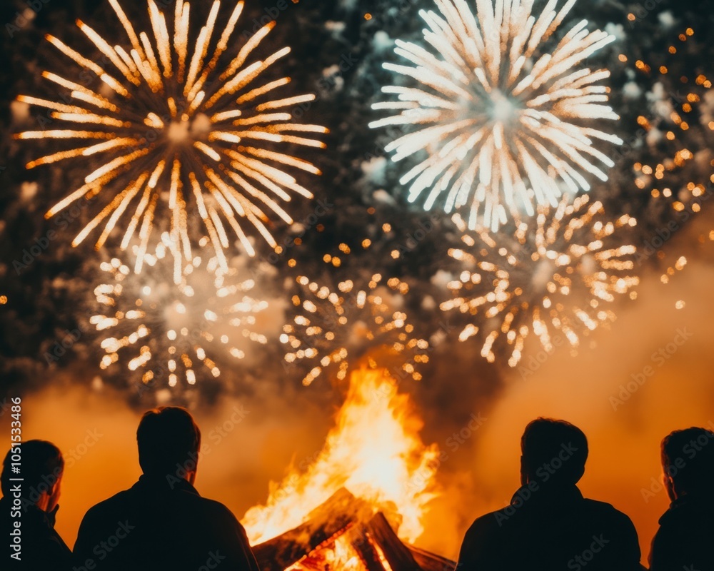 A group of people watching fireworks above a bonfire at night. A group of people watching fireworks above a bonfire at night.
