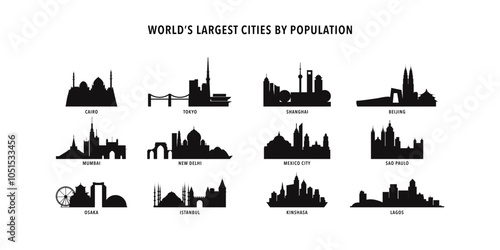 Largest cities by population - logos, icons packs with sktylines of Cairo, Tokyo, Shanghai, Beijing, Mumbai, Delhi, Mexico city, Sao Paulo, Osaka, Istanbul, Kinshasa, Lagos