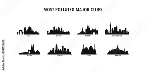 Most polluted major cities - logos, icons pack with skylines of Delhi, Lahore, Mumbai, Johannesburg, Beijing, Chengdu, Cairo, Krakow
