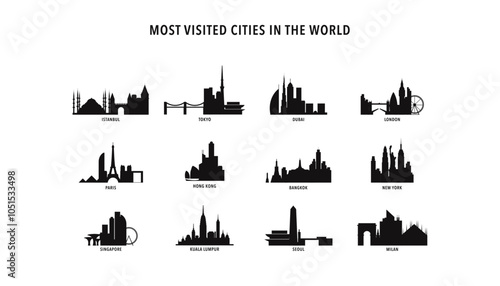 Most visited cities - logo, icon pack with skylines of Istanbul, Tokyo, Dubai, London, Paris, Hong Kong, Bangkok, New York, Singapore, Kuala Lumpur, Seoul, Milan. By international tourists