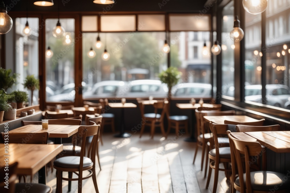 Interior of a empty restaurant or cafe in the night with a table, chairs, light and wooden furniture Interior of a empty restaurant or cafe in the night with a table, chairs, light and wooden furniture