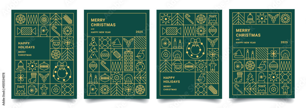 Fototapeta premium Set of Merry Christmas and Happy New Year geometric minimalist card in line style. Luxury Xmas backgrounds. Modern Christmas pattern with gold line icons. Perfect for invitation, poster, cover.