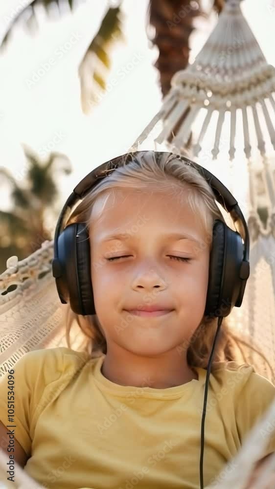A young girl with blonde hair relaxing in a hammock, wearing headphones over her ears. A young girl with blonde hair relaxing in a hammock, wearing headphones over her ears.