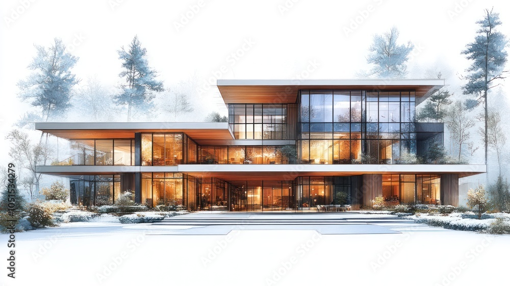 Fototapeta premium Modern architectural design featuring large glass windows and snow.