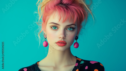 Young woman with vibrant hair and bold earrings, posing against a solid periwinkle background. v3 photo