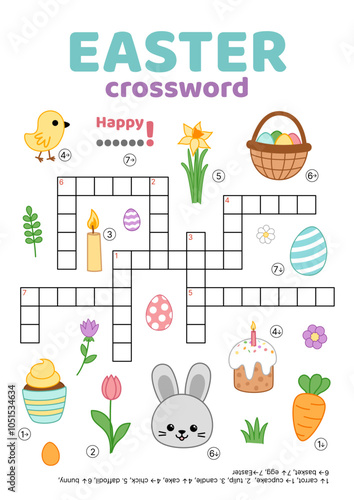 Crossword of Easter theme. English words. Educational puzzle game for kids. Cartoon, vector.