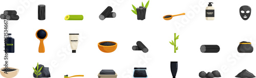 Bamboo charcoal icons set. Exploring the versatile uses of bamboo charcoal in various health, beauty, and personal care products